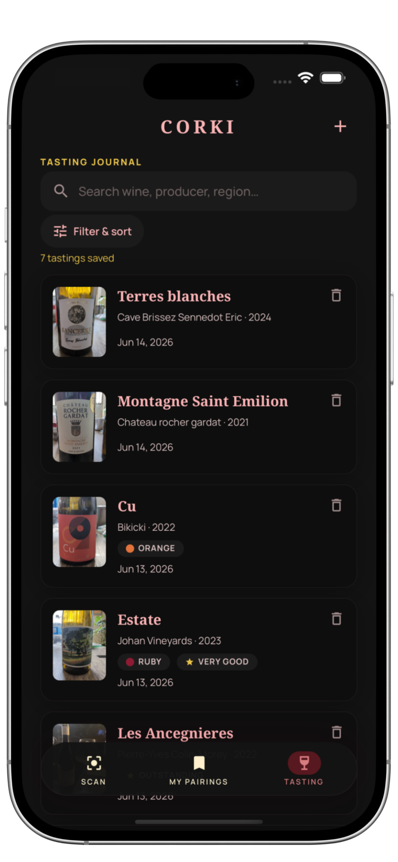 Corki tasting journal with saved wines, ratings, and tags